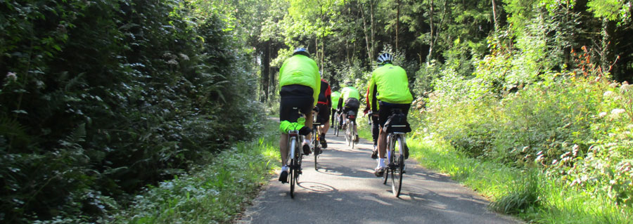 A group of cyclists in hi viz cycling away down a country lane