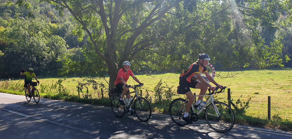 Three riders on a Moderate Group ride along a sunny Chilterns lane 